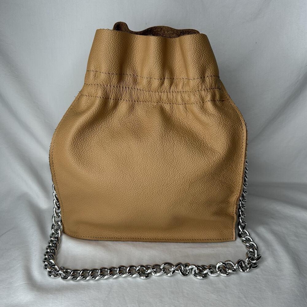 Falor Women's Chain-Link Tan Leather Bucket Crossbody Bag Silver Tone Hardware